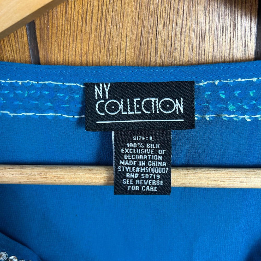Vintage NY Collection 100% Silk Blue Beaded V Neck Tunic Top Shirt Blouse Boho - Picture 3 of 6